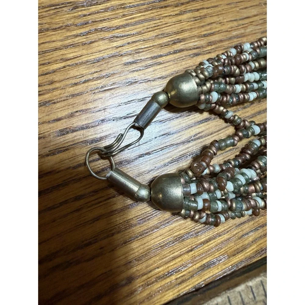Vintage Multi Strand Seed Bead Necklace Boho Knotted Brown Green Multicolor - Picture 4 of 5